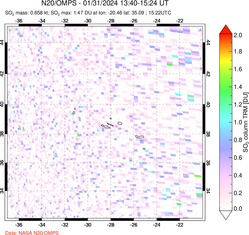 A sulfur dioxide image over Azores Islands, Portugal on Jan 31, 2024.