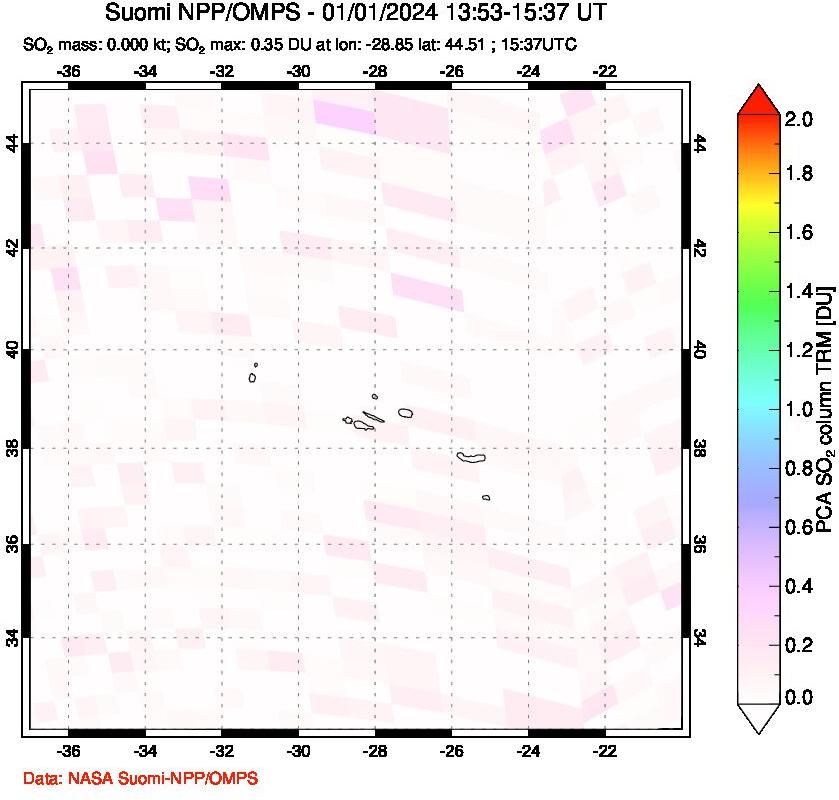 A sulfur dioxide image over Azores Islands, Portugal on Jan 01, 2024.