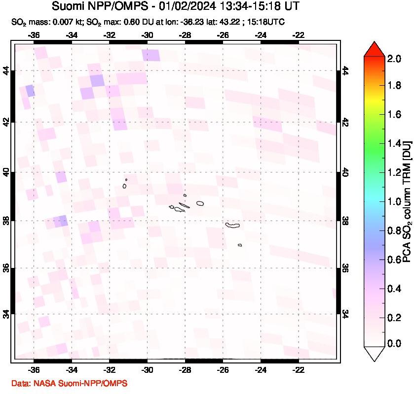 A sulfur dioxide image over Azores Islands, Portugal on Jan 02, 2024.