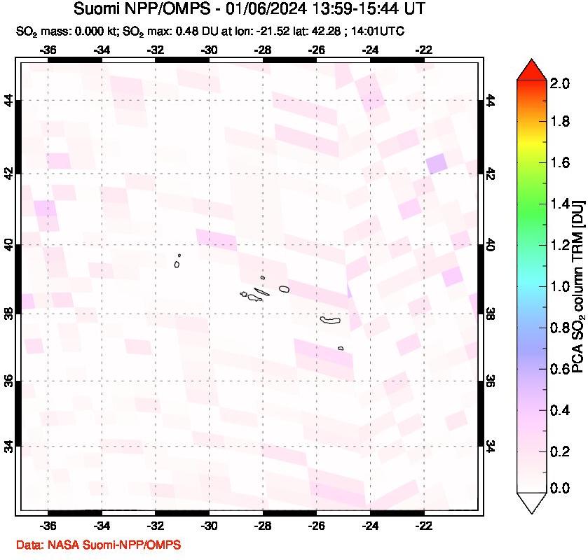 A sulfur dioxide image over Azores Islands, Portugal on Jan 06, 2024.