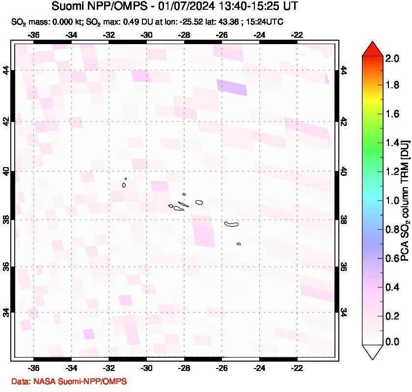 A sulfur dioxide image over Azores Islands, Portugal on Jan 07, 2024.