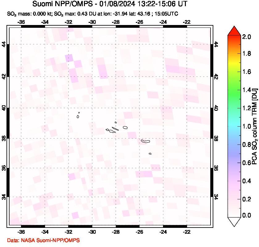 A sulfur dioxide image over Azores Islands, Portugal on Jan 08, 2024.