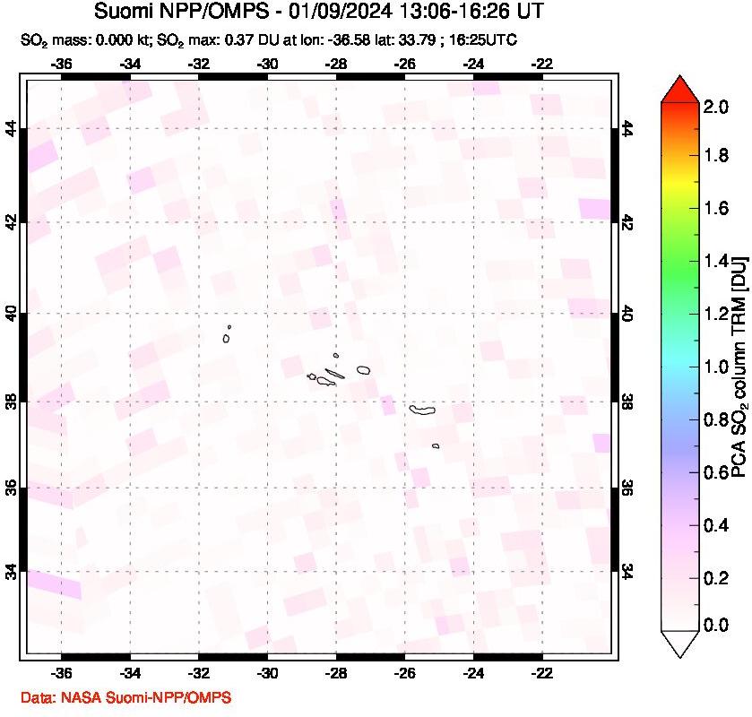 A sulfur dioxide image over Azores Islands, Portugal on Jan 09, 2024.