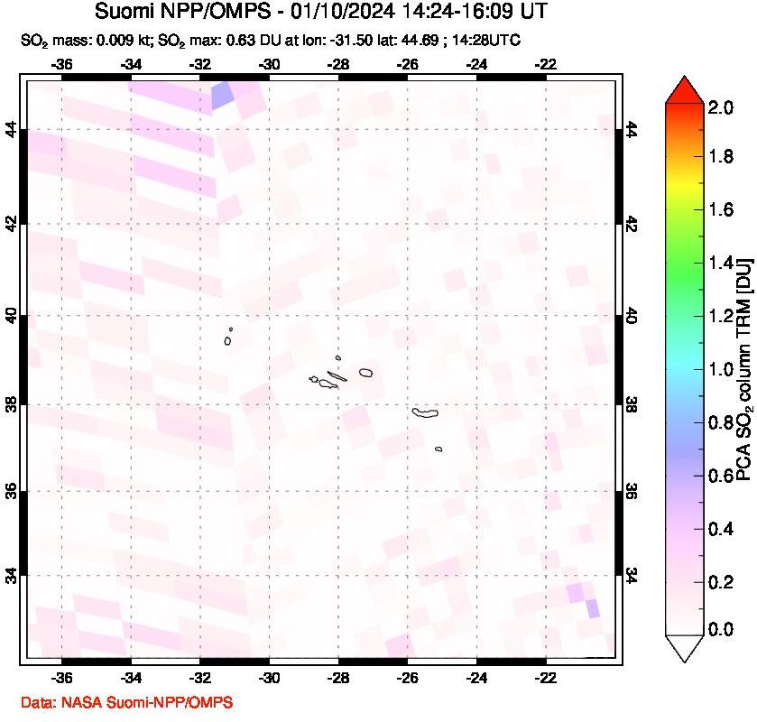 A sulfur dioxide image over Azores Islands, Portugal on Jan 10, 2024.