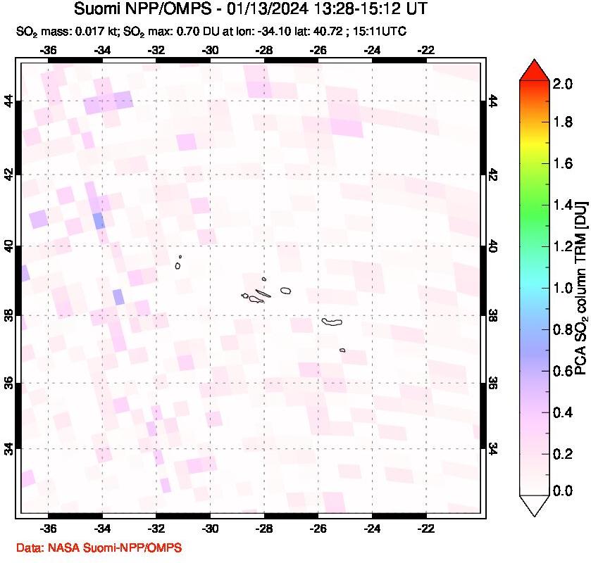 A sulfur dioxide image over Azores Islands, Portugal on Jan 13, 2024.