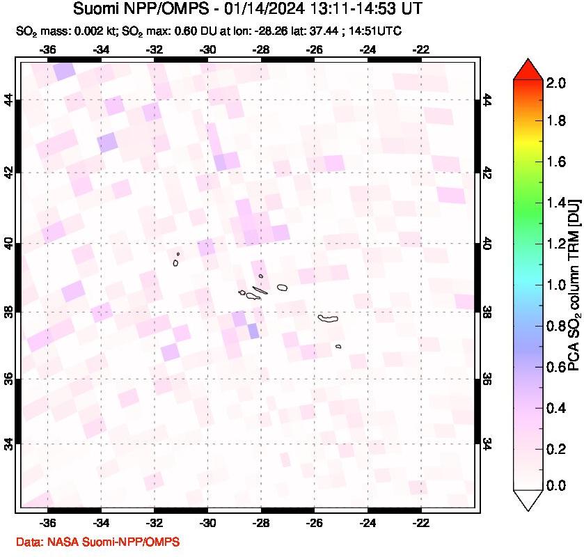 A sulfur dioxide image over Azores Islands, Portugal on Jan 14, 2024.