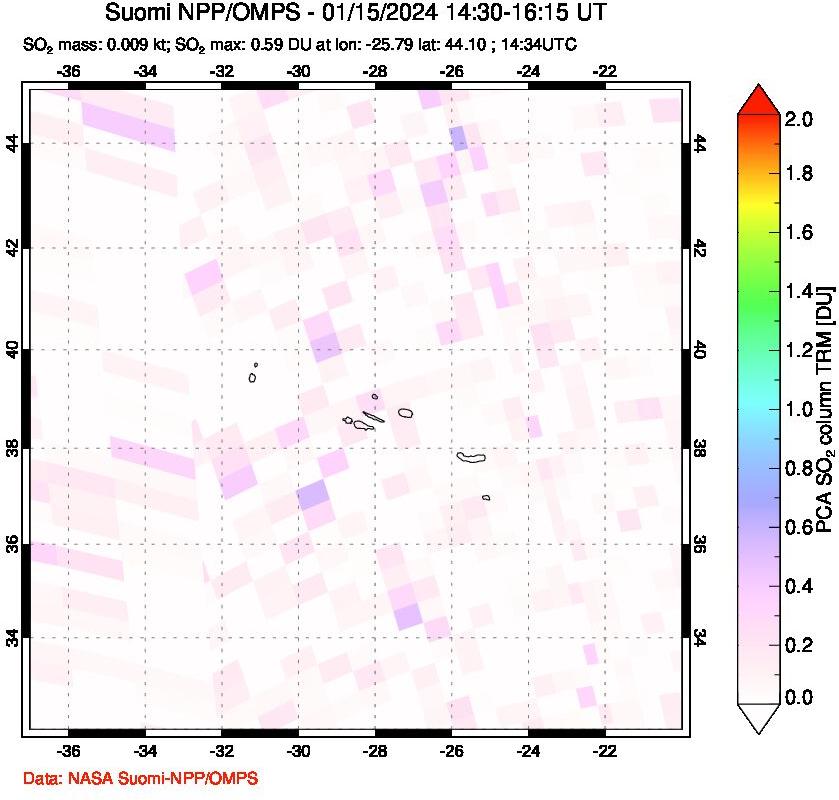 A sulfur dioxide image over Azores Islands, Portugal on Jan 15, 2024.