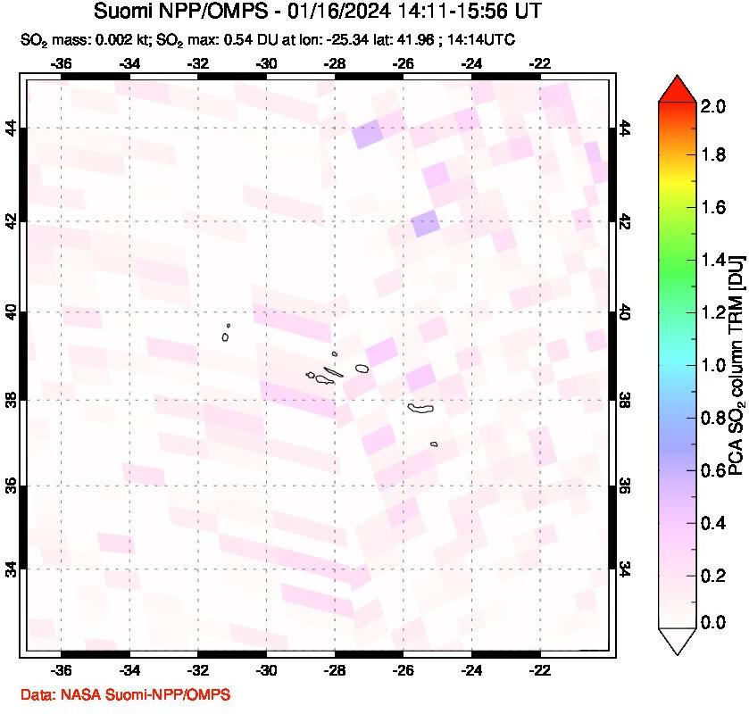 A sulfur dioxide image over Azores Islands, Portugal on Jan 16, 2024.