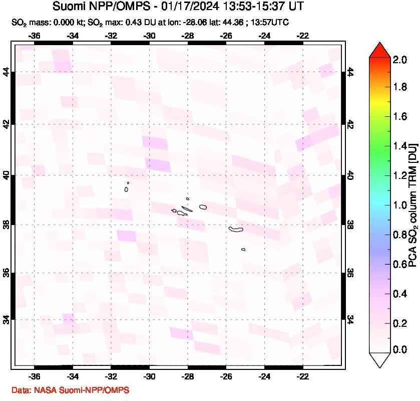 A sulfur dioxide image over Azores Islands, Portugal on Jan 17, 2024.