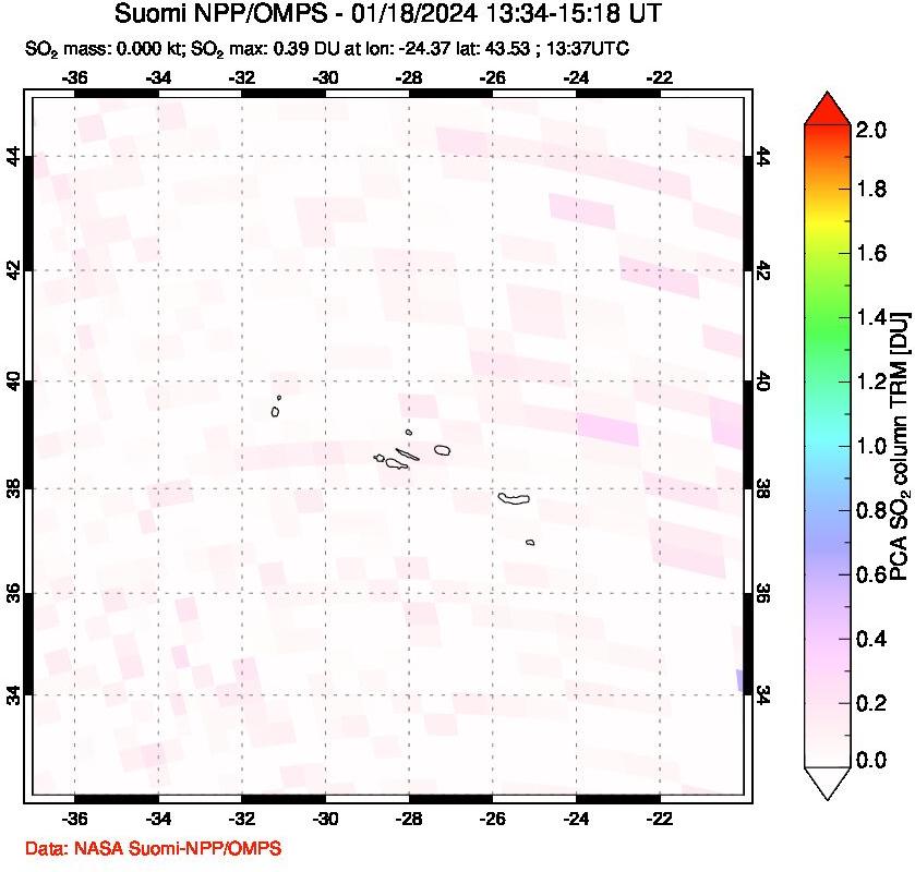 A sulfur dioxide image over Azores Islands, Portugal on Jan 18, 2024.