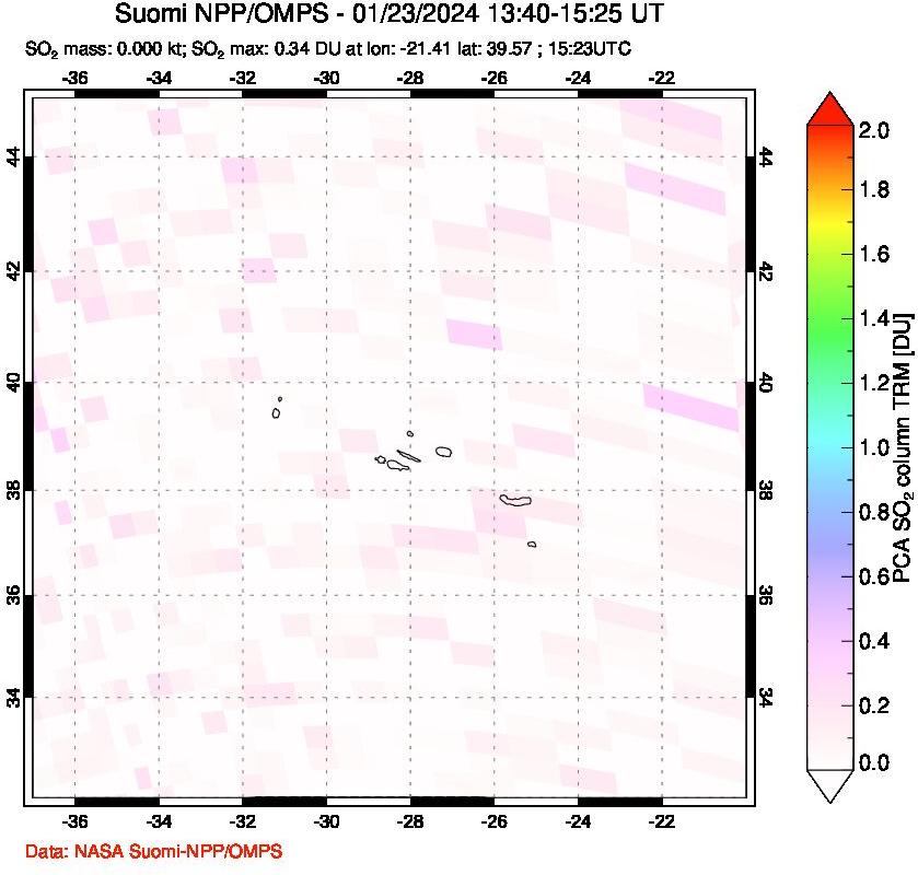 A sulfur dioxide image over Azores Islands, Portugal on Jan 23, 2024.