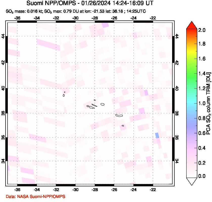 A sulfur dioxide image over Azores Islands, Portugal on Jan 26, 2024.