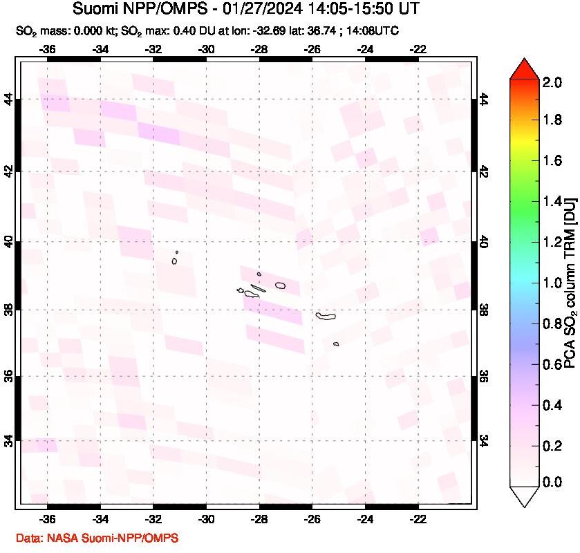 A sulfur dioxide image over Azores Islands, Portugal on Jan 27, 2024.