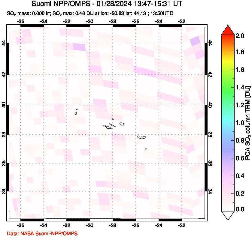 A sulfur dioxide image over Azores Islands, Portugal on Jan 28, 2024.