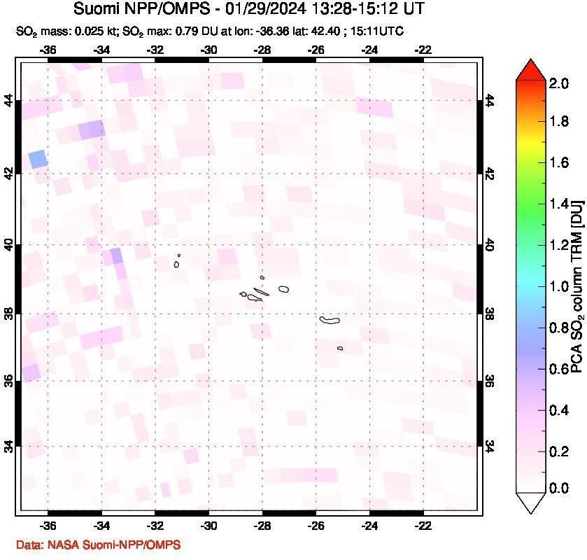 A sulfur dioxide image over Azores Islands, Portugal on Jan 29, 2024.