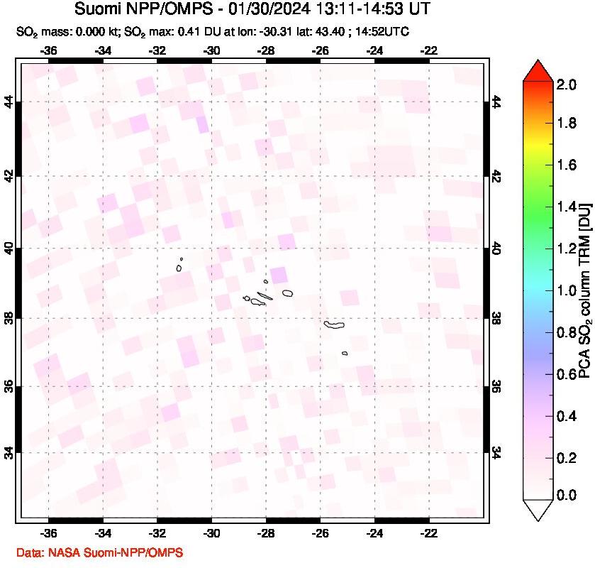 A sulfur dioxide image over Azores Islands, Portugal on Jan 30, 2024.