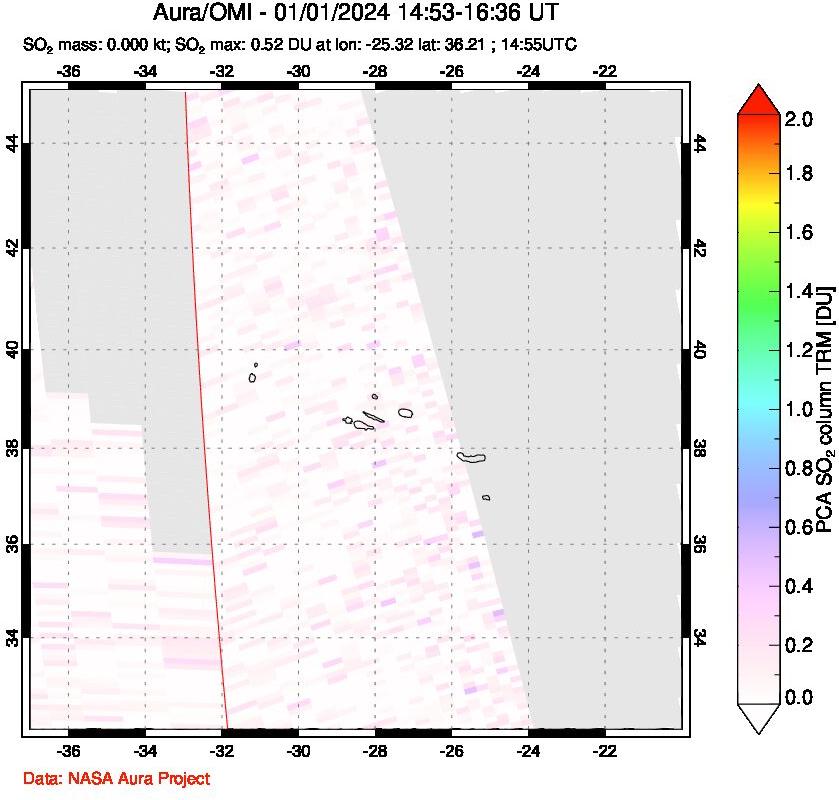 A sulfur dioxide image over Azore Islands, Portugal on Jan 01, 2024.