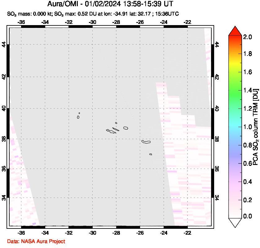 A sulfur dioxide image over Azore Islands, Portugal on Jan 02, 2024.