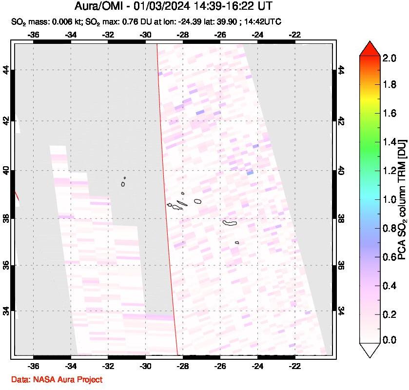 A sulfur dioxide image over Azore Islands, Portugal on Jan 03, 2024.