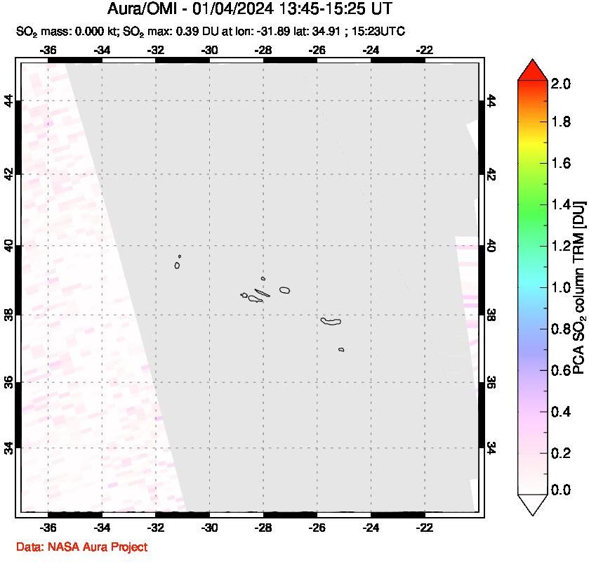 A sulfur dioxide image over Azore Islands, Portugal on Jan 04, 2024.