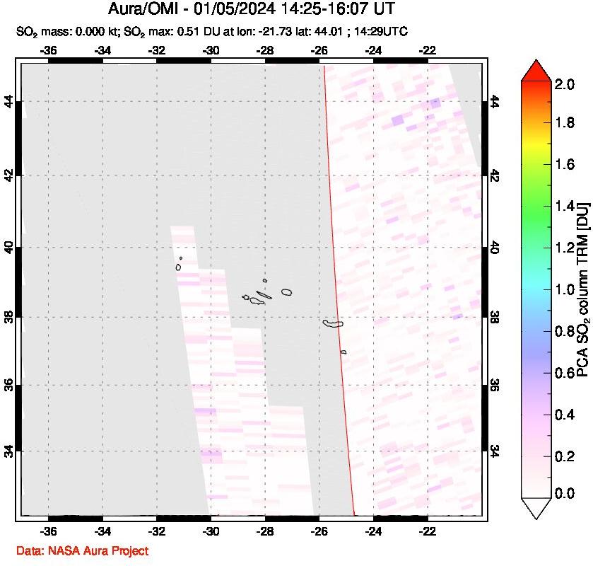 A sulfur dioxide image over Azore Islands, Portugal on Jan 05, 2024.