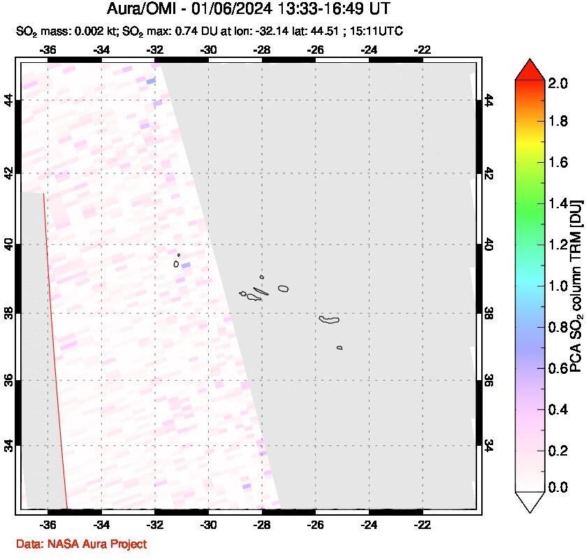 A sulfur dioxide image over Azore Islands, Portugal on Jan 06, 2024.