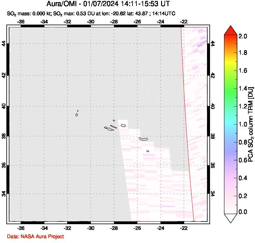 A sulfur dioxide image over Azore Islands, Portugal on Jan 07, 2024.