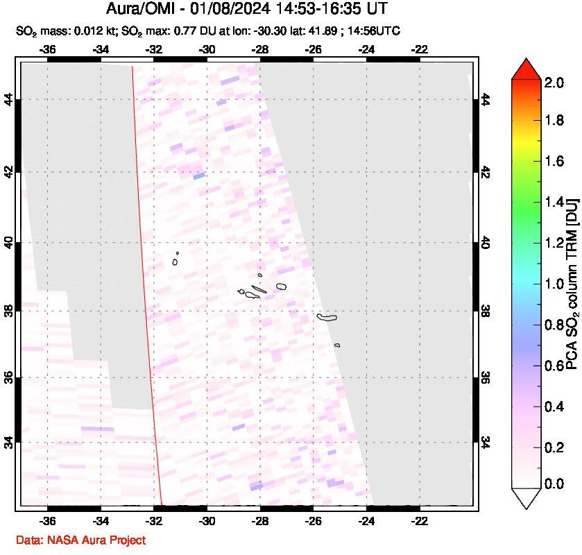 A sulfur dioxide image over Azore Islands, Portugal on Jan 08, 2024.