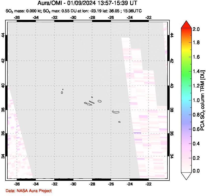 A sulfur dioxide image over Azore Islands, Portugal on Jan 09, 2024.