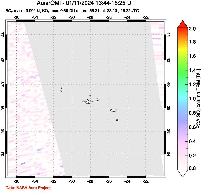 A sulfur dioxide image over Azore Islands, Portugal on Jan 11, 2024.