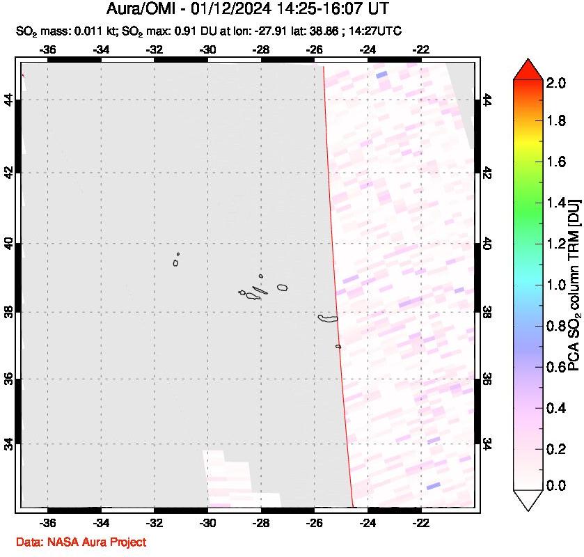 A sulfur dioxide image over Azore Islands, Portugal on Jan 12, 2024.