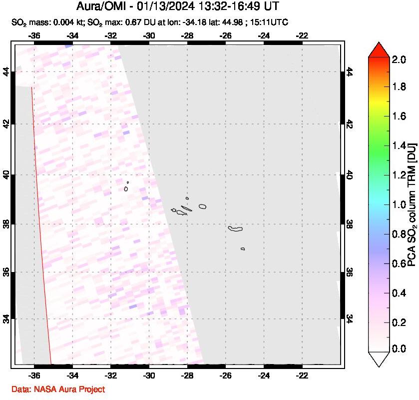 A sulfur dioxide image over Azore Islands, Portugal on Jan 13, 2024.