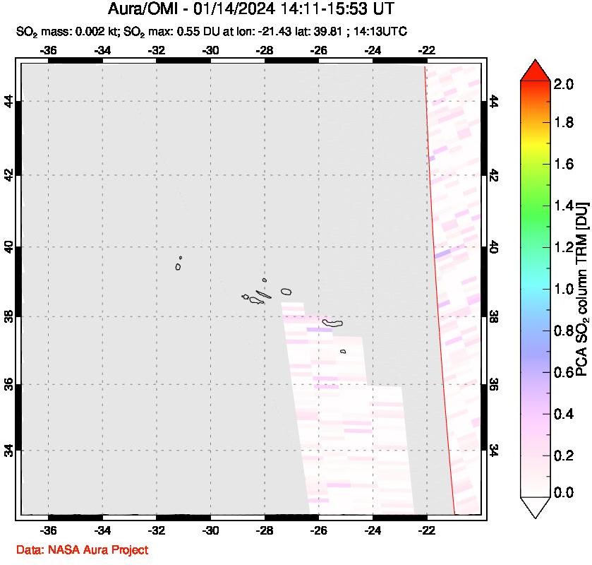 A sulfur dioxide image over Azore Islands, Portugal on Jan 14, 2024.