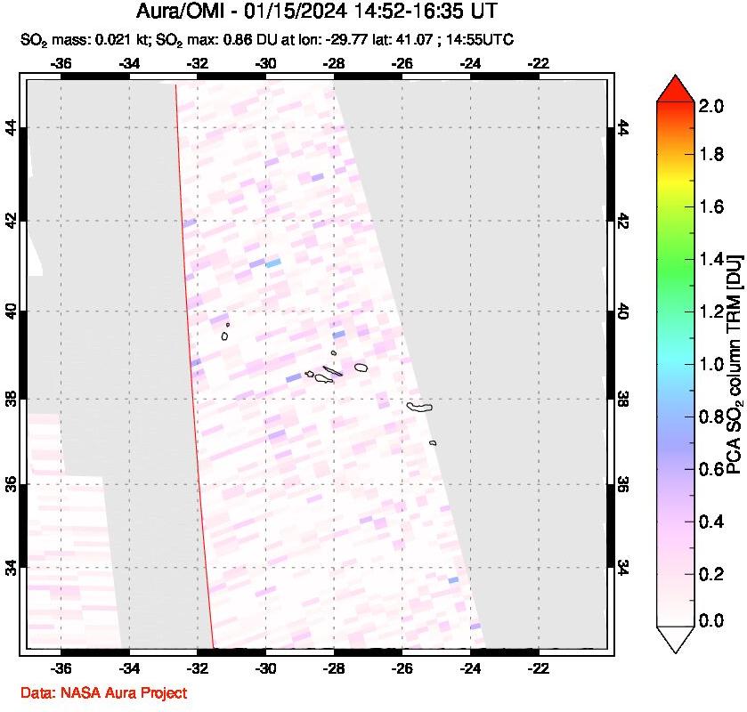 A sulfur dioxide image over Azore Islands, Portugal on Jan 15, 2024.