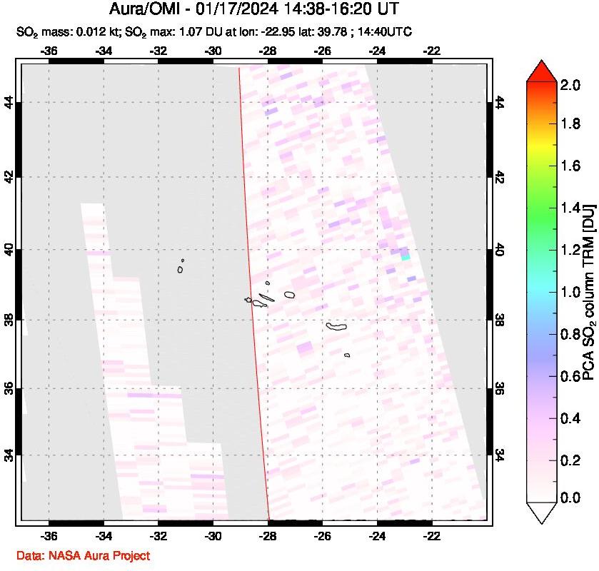 A sulfur dioxide image over Azore Islands, Portugal on Jan 17, 2024.