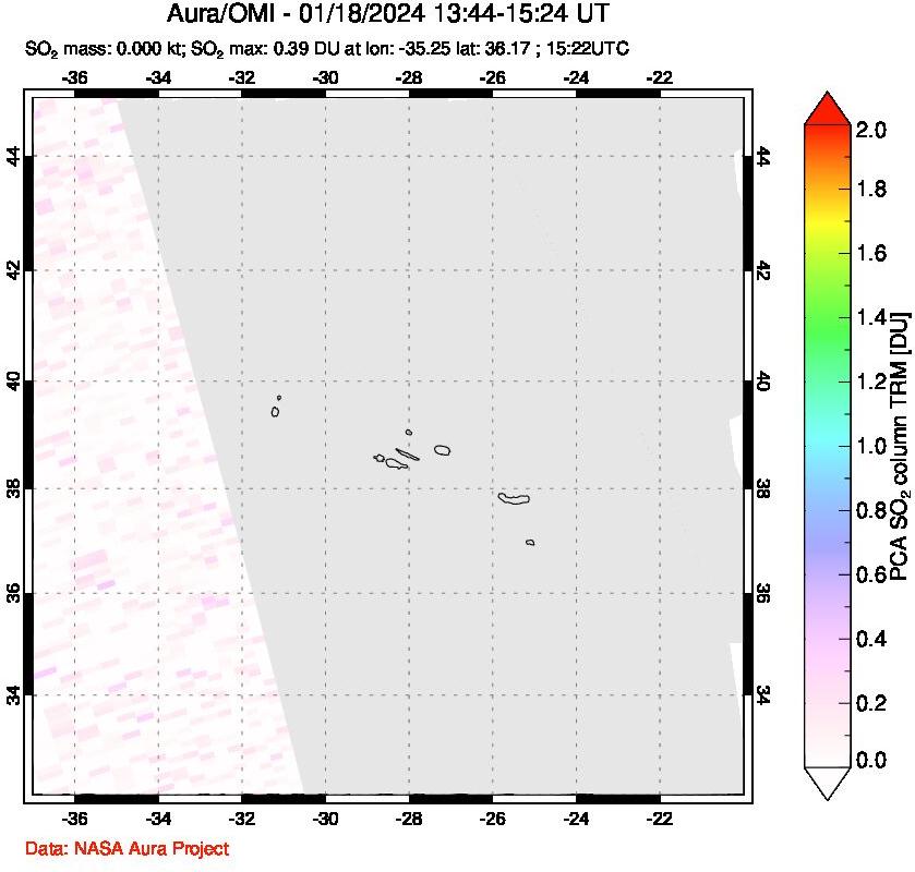 A sulfur dioxide image over Azore Islands, Portugal on Jan 18, 2024.