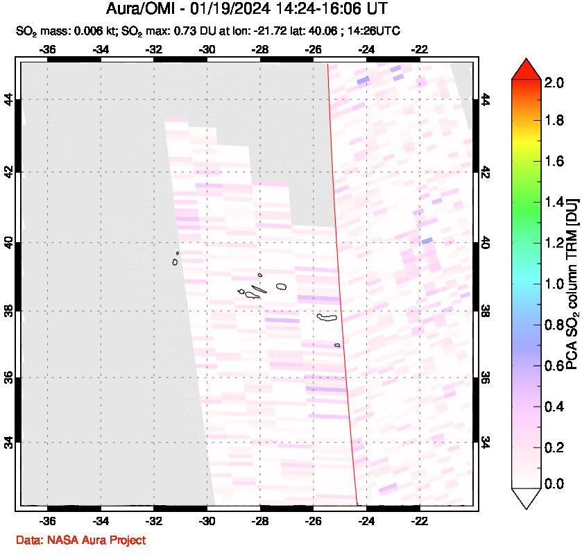 A sulfur dioxide image over Azore Islands, Portugal on Jan 19, 2024.