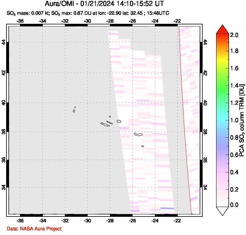 A sulfur dioxide image over Azore Islands, Portugal on Jan 21, 2024.