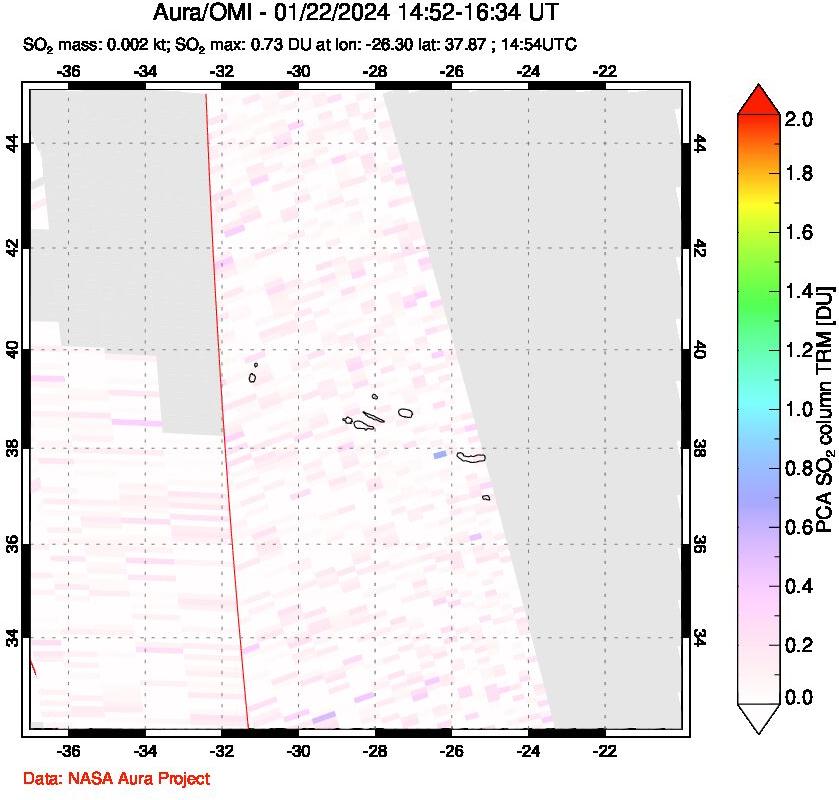 A sulfur dioxide image over Azore Islands, Portugal on Jan 22, 2024.