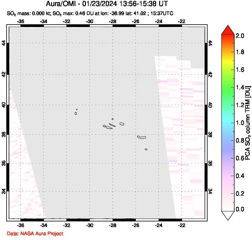 A sulfur dioxide image over Azore Islands, Portugal on Jan 23, 2024.