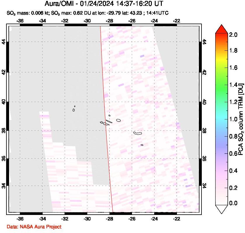 A sulfur dioxide image over Azore Islands, Portugal on Jan 24, 2024.