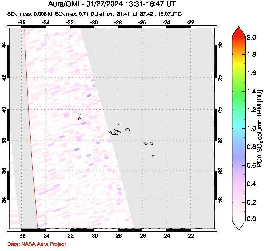 A sulfur dioxide image over Azore Islands, Portugal on Jan 27, 2024.