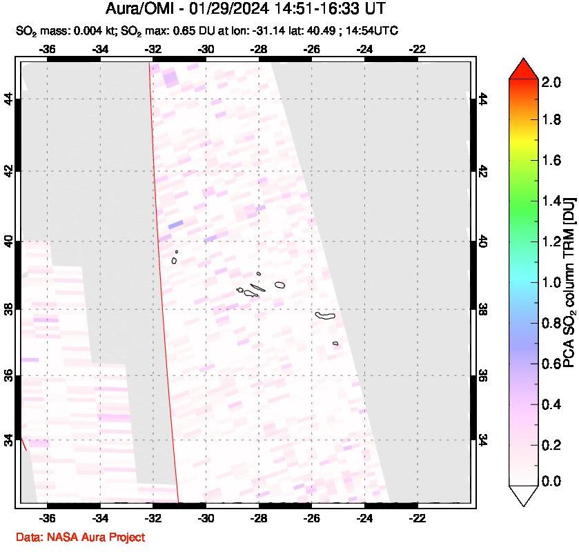 A sulfur dioxide image over Azore Islands, Portugal on Jan 29, 2024.