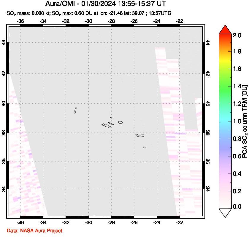 A sulfur dioxide image over Azore Islands, Portugal on Jan 30, 2024.