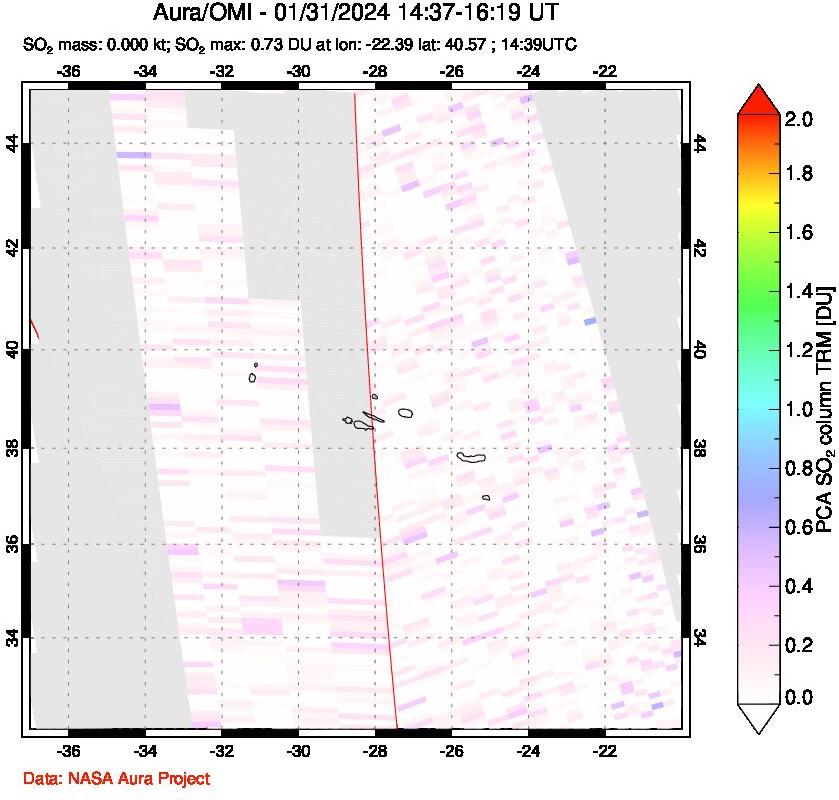 A sulfur dioxide image over Azore Islands, Portugal on Jan 31, 2024.