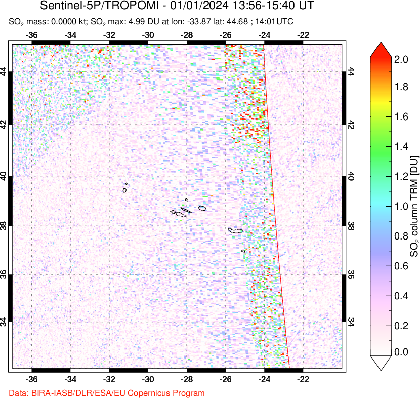 A sulfur dioxide image over Azore Islands, Portugal on Jan 01, 2024.