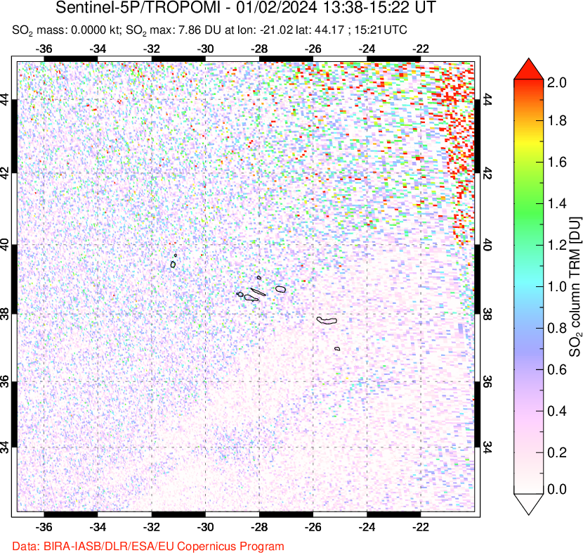 A sulfur dioxide image over Azore Islands, Portugal on Jan 02, 2024.