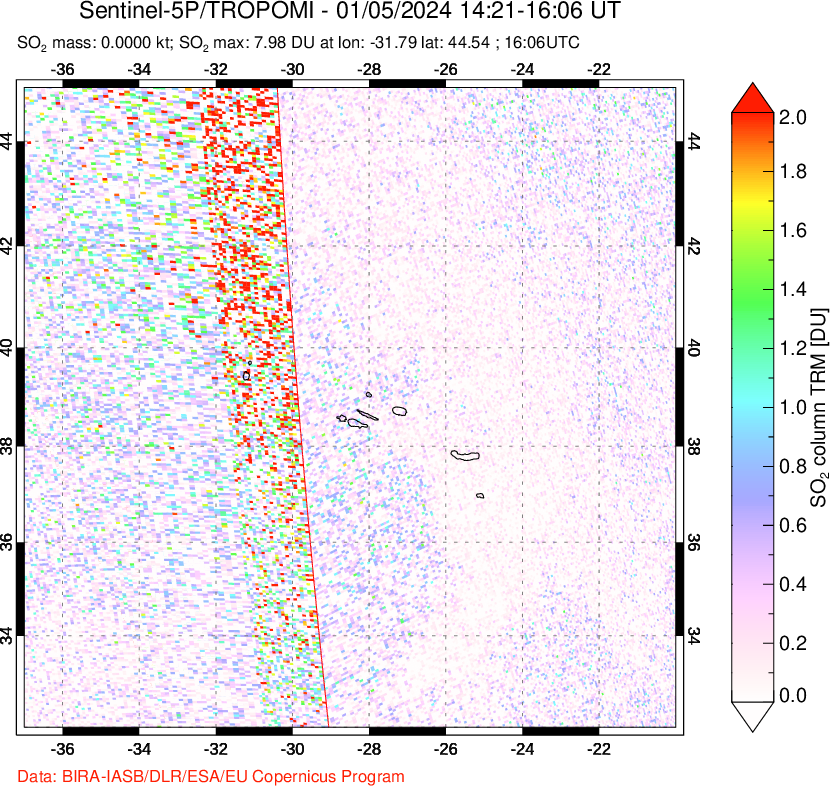 A sulfur dioxide image over Azore Islands, Portugal on Jan 05, 2024.