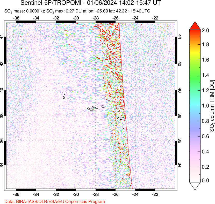 A sulfur dioxide image over Azore Islands, Portugal on Jan 06, 2024.