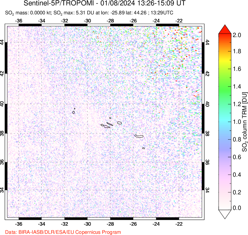 A sulfur dioxide image over Azore Islands, Portugal on Jan 08, 2024.